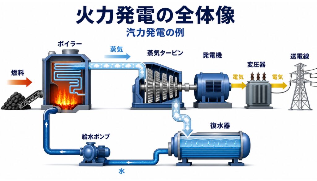 燃料からボイラー、蒸気タービン、発電機、変圧器、送電線へ進む火力発電の全体像