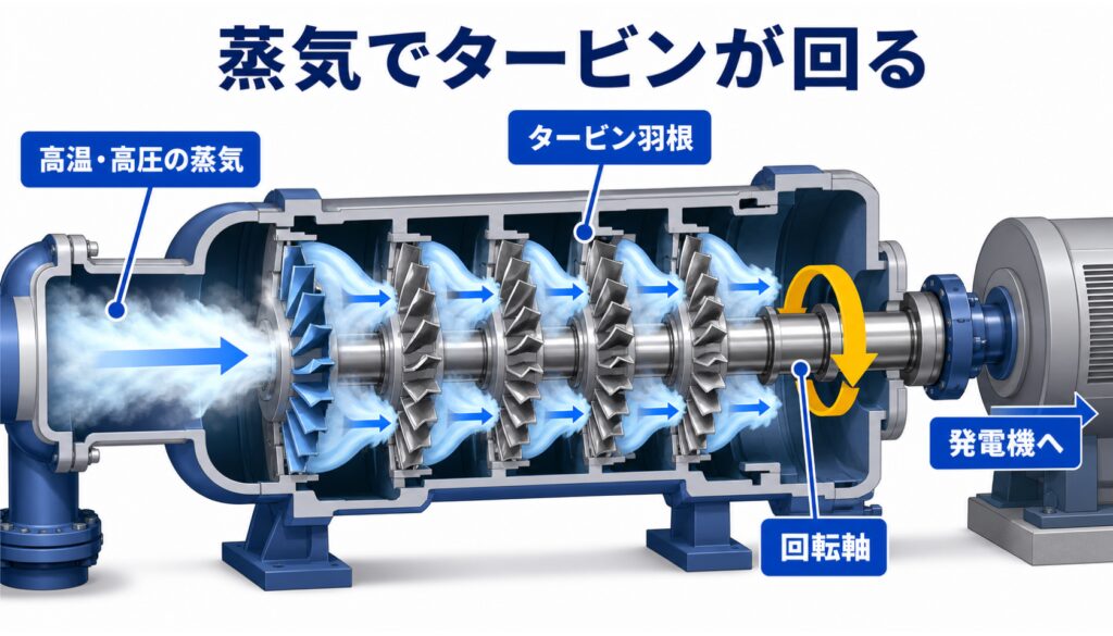 高温高圧の蒸気がタービン羽根を通って回転軸を回す仕組み