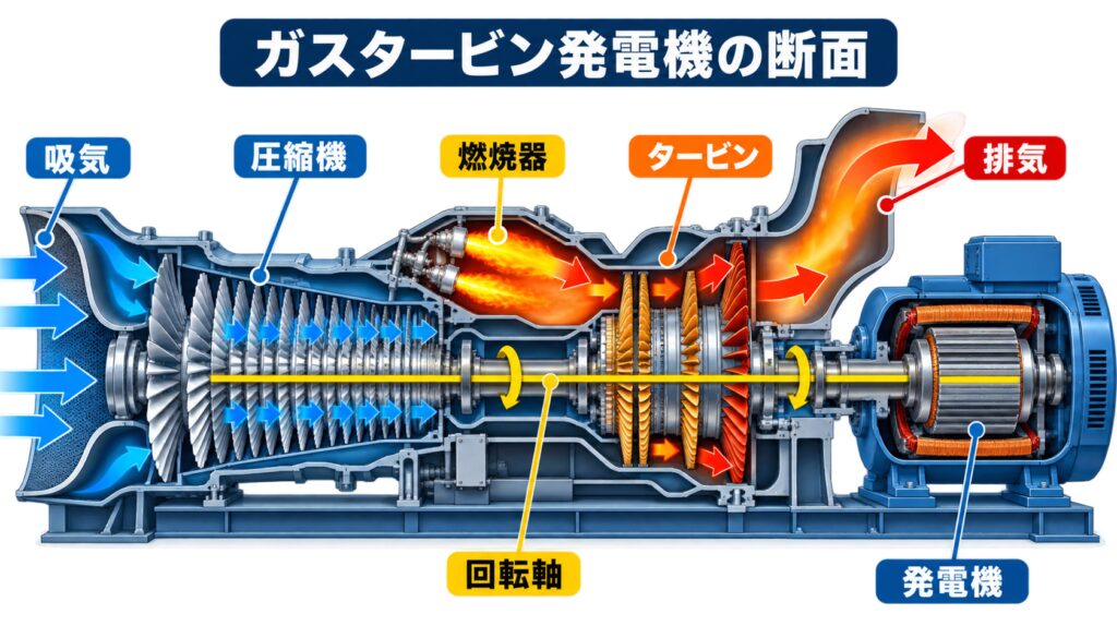 ガスタービン発電機の内部断面を吸気・圧縮機・燃焼器・タービン・排気・回転軸・発電機の順に示した図