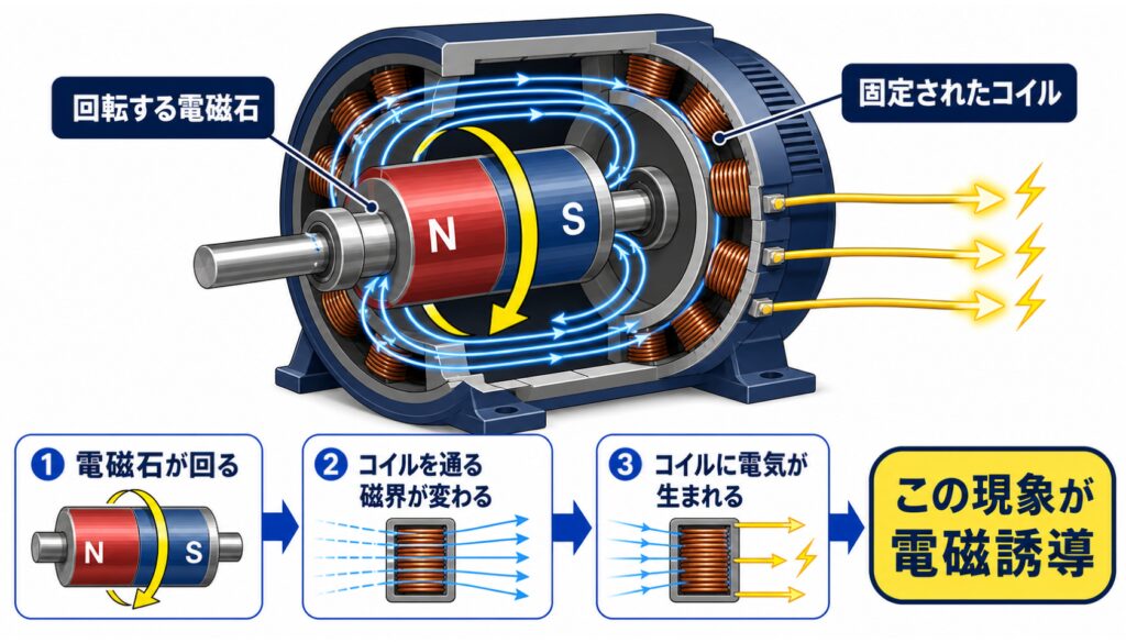 回転する電磁石によって固定されたコイルを通る磁界が変わり、電気が生まれる仕組み